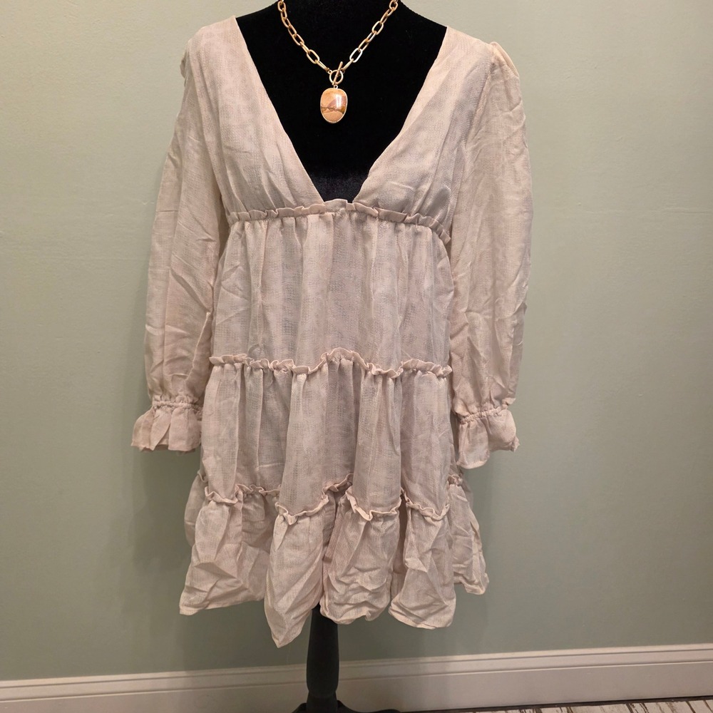 Storia Womens Beige Textured V-Neck Tiered Ruffle Mini Dress Open Back Size M